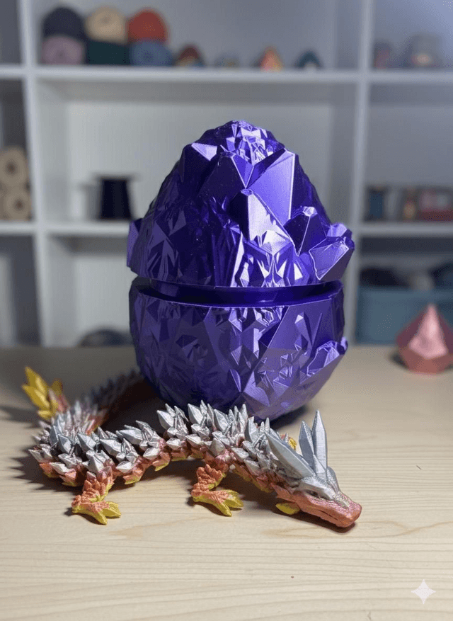 3D Printed Dragon Egg with Articulated Crystal Dragon